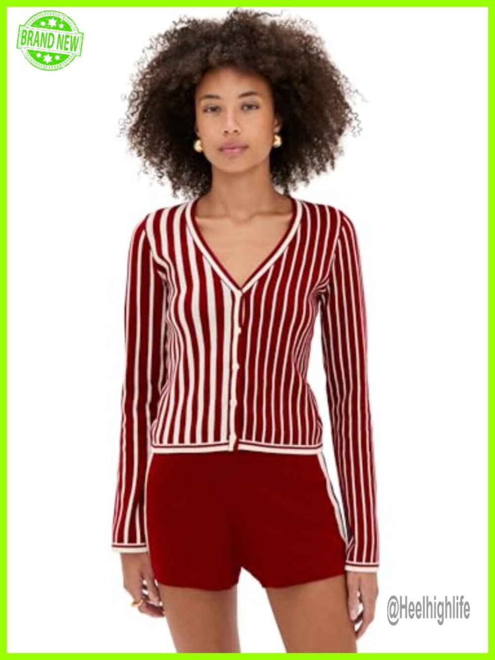 Mid-Weight Stretch Knit Stripe Cardigan Button V-Neck Long Sleeve